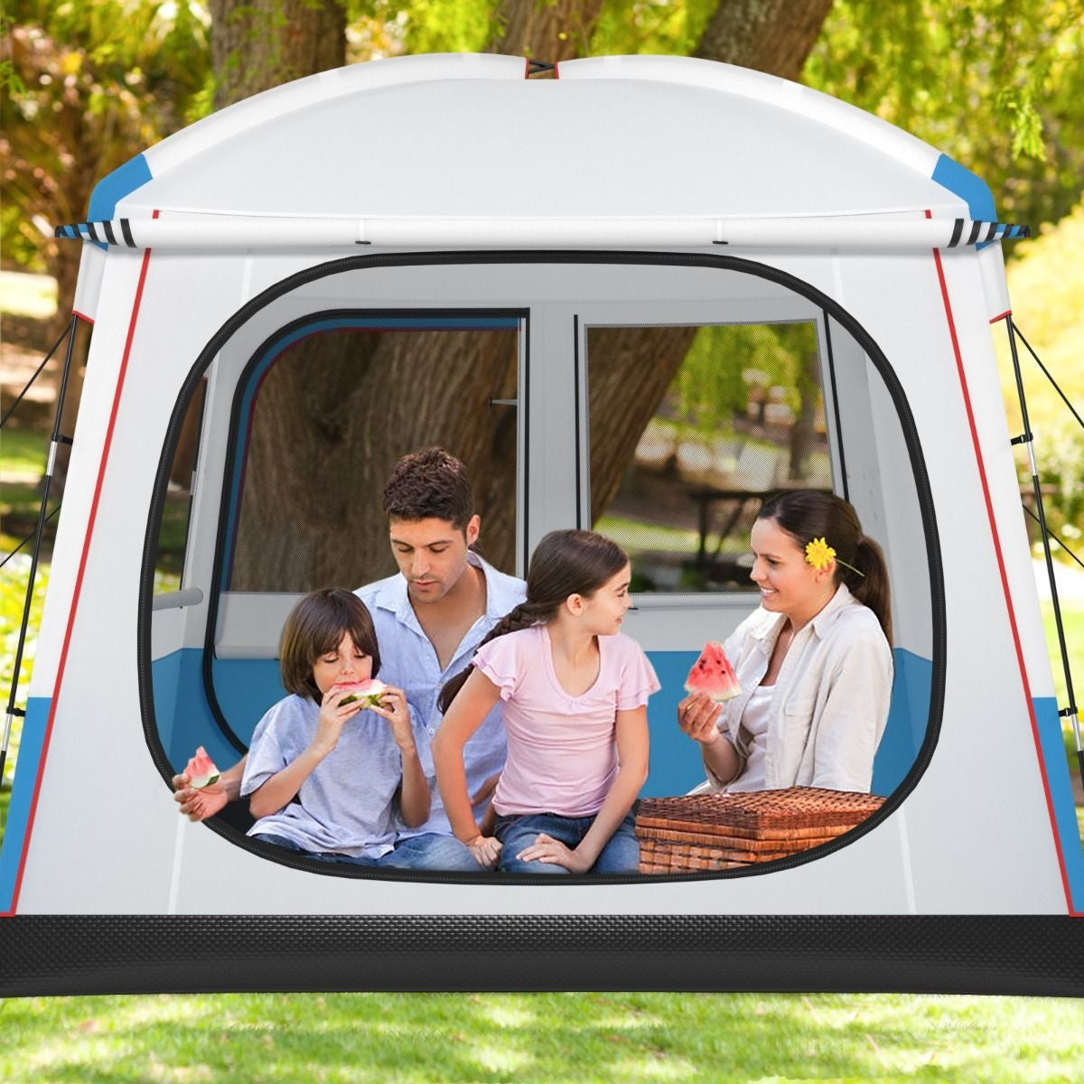 Coast Campingzelt für 5 Personen - Große Netztür und Bodenplane - Wasserdicht - 248 x 248 x 230 cm - Blau/Weiß