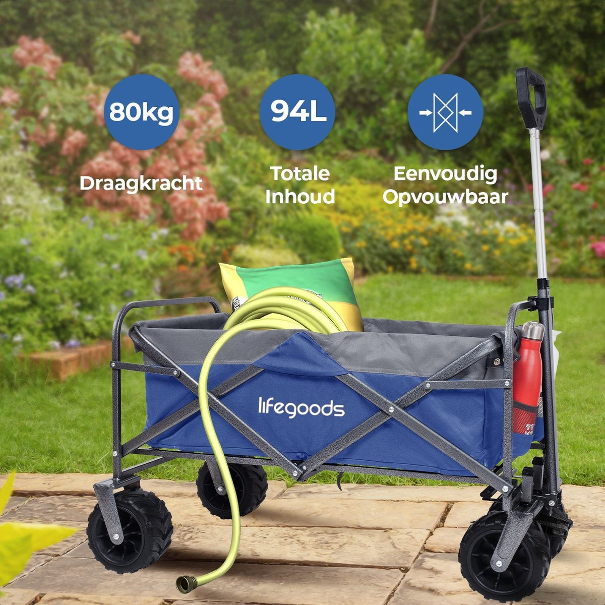 LifeGoods Wagon - faltbar - bis zu 80KG - 94L - waschbares Polyester - 98x45cm - Blau/Grau