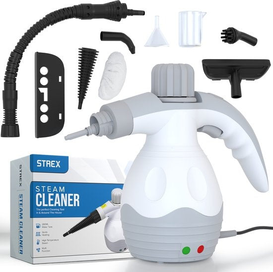 Strex - Dampfreiniger - 1200W - entfernt 99,9% Bakterien - 6 Aufsätze - Weiß