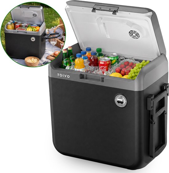 Toivo Elektrische Kühlbox – 40 Liter – 12 V und 230 Volt – Auto – Camping-Kühlschrank – Kühlen und Heizen – Frigobox – Schwarz