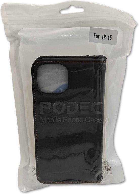 Podec Case mit Kartenhalter geeignet für iPhone 15 Schwarz Phone Case - Anti-Shock Bookcase Cover mit 1x Displayschutzfolie - Wallet Case