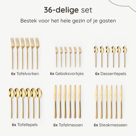 Deleca 6 Personen Luxus-Edelstahl-Besteck-Set Amor (36 Teile) - Löffel, Messer, Gabeln, Steakmesser & Kuchengabeln - spülmaschinenfest - Gold-Design-Besteck - 18/0 Edelstahl