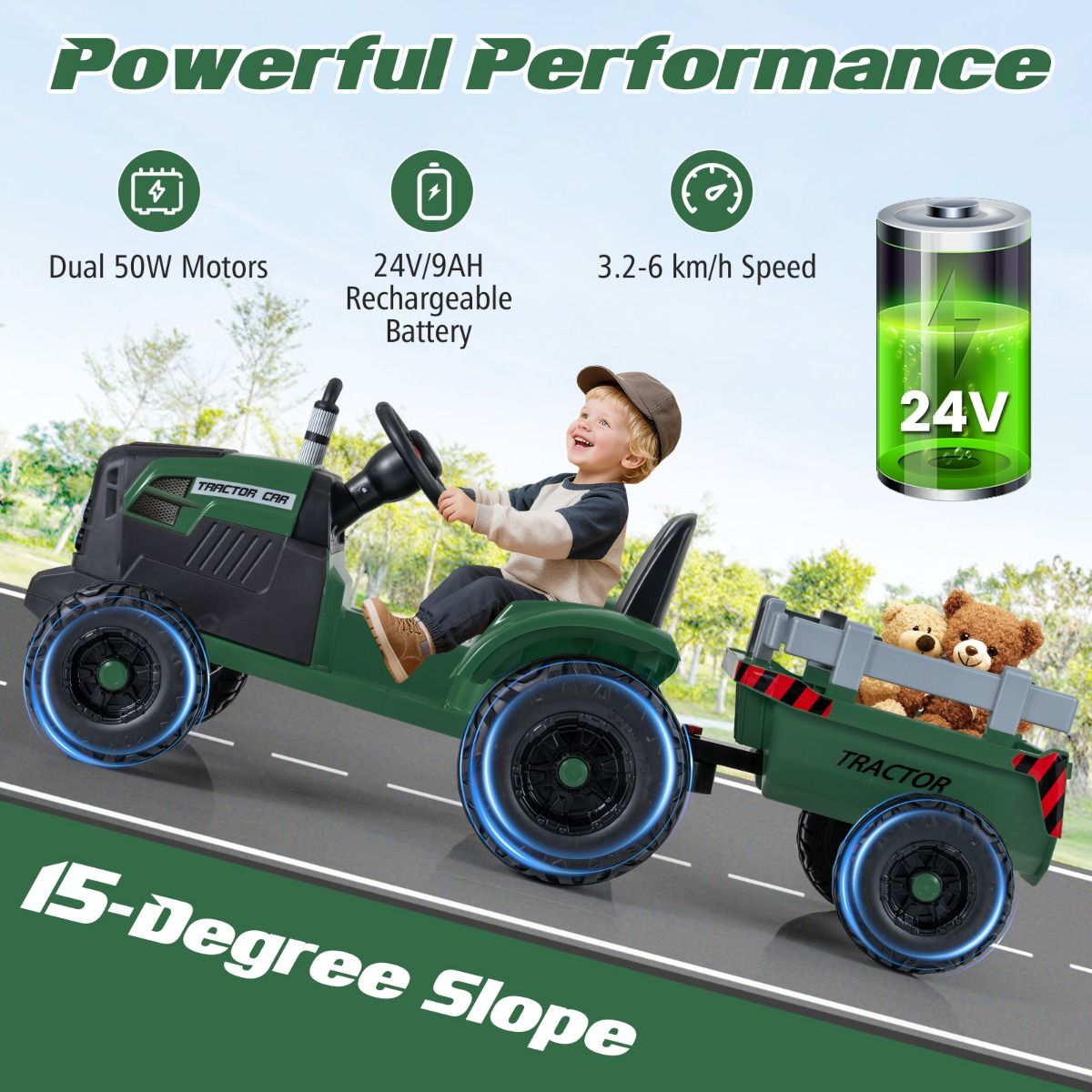 Coast Elektrischer Kindertraktor mit Anhänger – Doppelmotor – Fernbedienung – Dunkelgrün