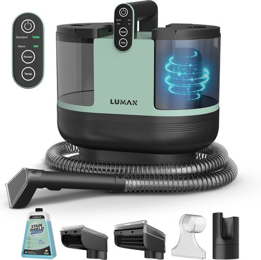 LUMAN 4 in 1 Teppichreiniger - Heizfunktion und Selbstreinigung - Fleckenreiniger - Sitzreiniger - Reiniger für Sofa, Boden, Auto und Teppich - 4 Bürsten - Inklusive Reinigungsmittel - 7 Meter Kabel