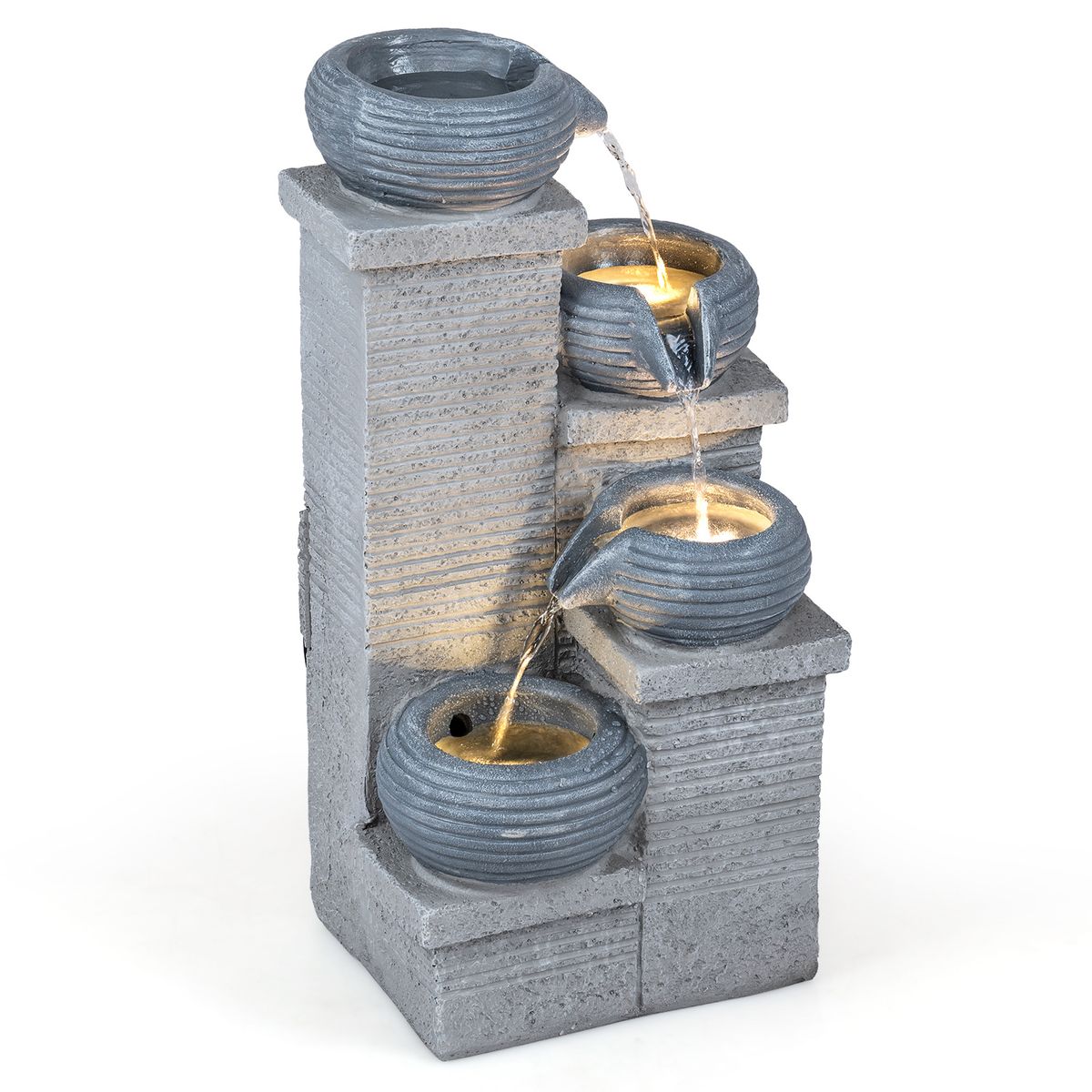 Coast Gartenbrunnen mit LED-Beleuchtung – Vierstufiger Wasserfall – Kunstharz und Glasfaser – Grau 28 x 22 x 58 cm