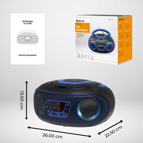 Denver Tragbares Radio CD-Player Kinder - Bluetooth - Lichteffekte - Boombox - AUX - FM - TCL212BT - Blau