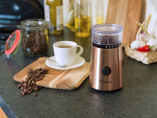Bestron ACG1000CO Elektrische Kaffeemühle - 150W - Messer aus Edelstahl - 50g Fassungsvermögen - Farbe Kupfer - Für Kaffeebohnen & Gewürze - 5 Jahre Garantie