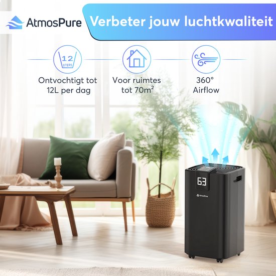 AtmosPure® Luftentfeuchter AirDry Elite – 12 l pro Tag – Wasch- und Trocknungsfunktion – Luftreiniger, ideal für Waschküche, Badezimmer, Wohnzimmer und Keller – Schwarz – Luftentfeuchter