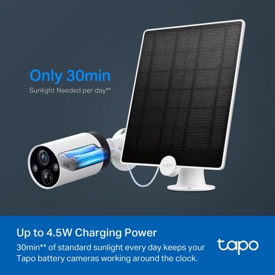 TP-Link Tapo A200-Solarpanel – Entwickelt für Tapo-Batteriekameras – 4,5 W Ladeleistung – IP65 wetterfest – 4 m Kabel – um 360 Grad drehbar