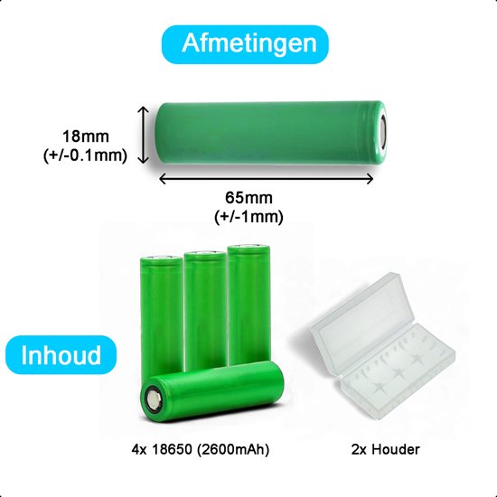 Tech Essentials 18650 Wiederaufladbare Li-Ion-Batterie - 2600mAh 3,7V - 7,8A - Lithium - Halter - Batterie - 4er-Pack