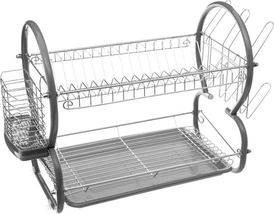 2-stöckiges Abtropfgestell/Geschirrkorb mit Auffangschale und herausnehmbarem Besteckkorb, grau, 43 x 24,5 cm, aus Metall – Geschirrspülen