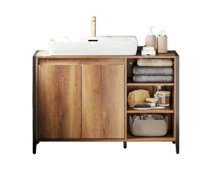 SoBuy Waschbeckenunterschrank 90 x 30 x 60 cm – Braun/Schwarz – 2 Türen – 3 Einlegeböden