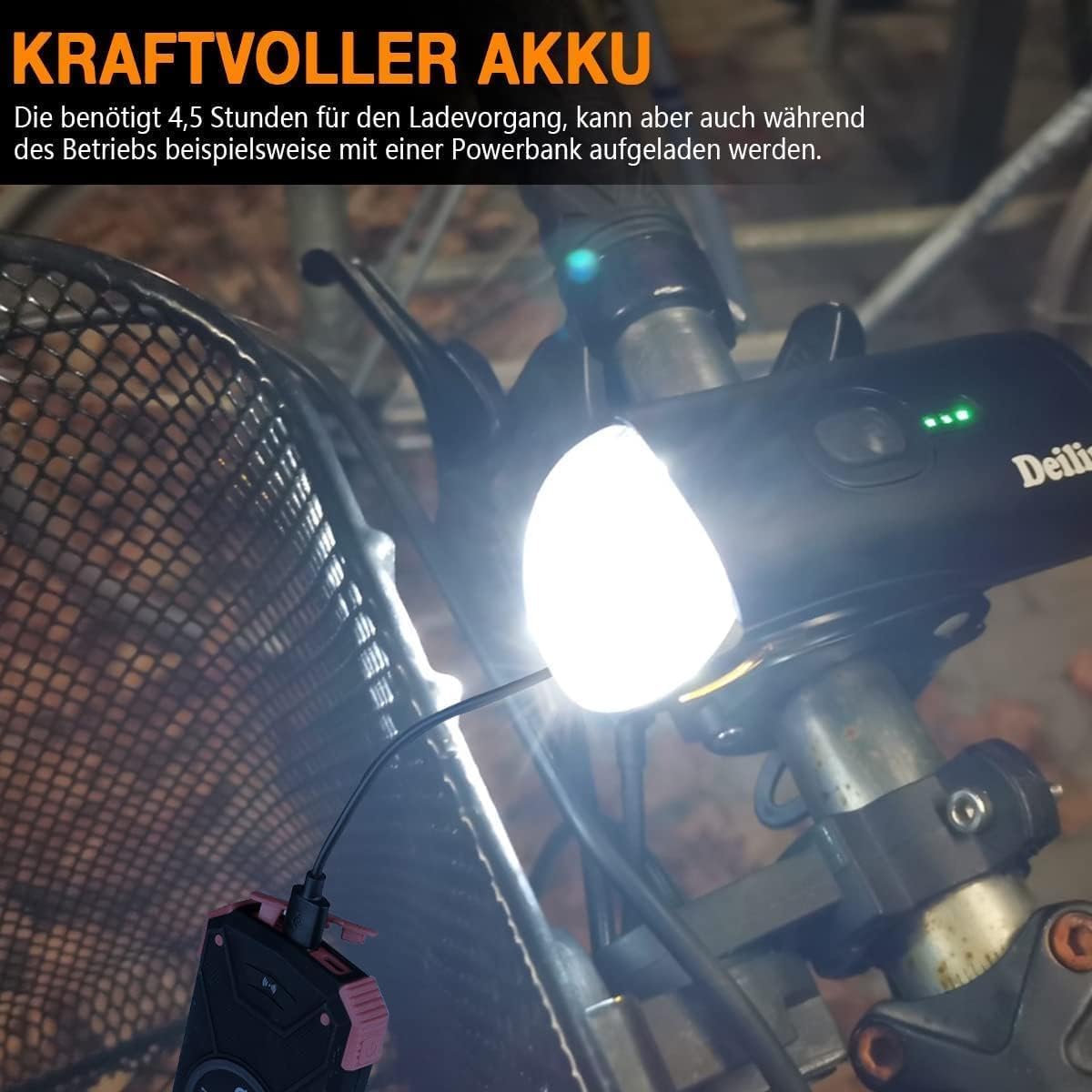 Deilin Fahrradbeleuchtungsset Premium – Mit intelligenter Helligkeitsregelung, Akkustandsanzeige und IPX5-wasserdichtem Gehäuse – Zur Montage am Lenker und für mehr Sicherheit im Straßenverkehr – Schwarzes Polycarbonat – 100 Lux