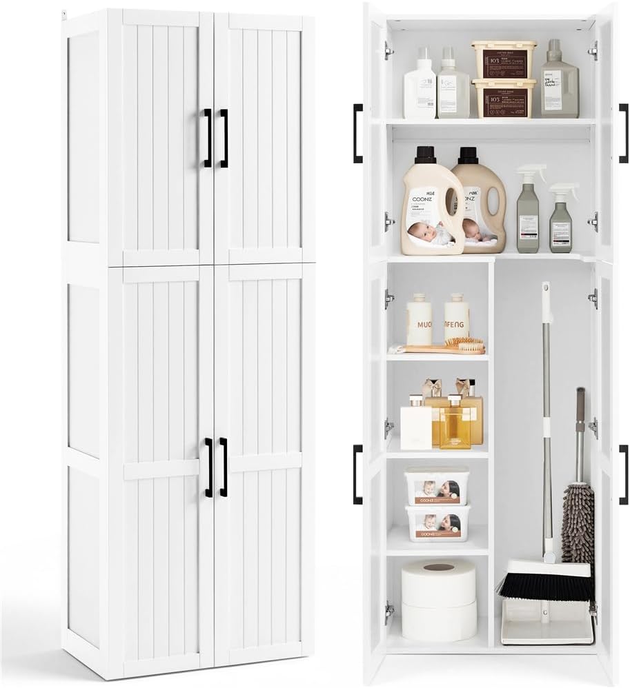 Yaheetech Putzschrank 60 × 37,5 × 175,5 cm – 4 Türen, verstellbare Einlegeböden, weiß