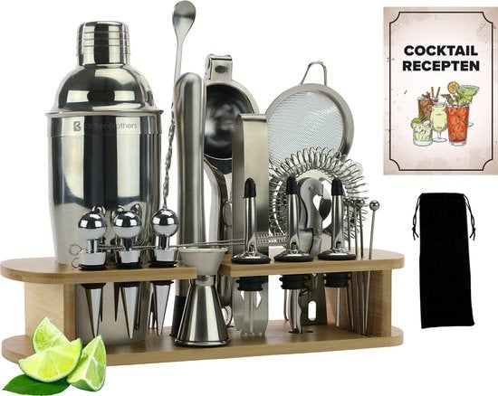 KitchenBrothers Cocktail Set mit Cocktail Shaker - 25 Teile - Deluxe Set - Geschenkverpackung - Hellbraun/Bambus