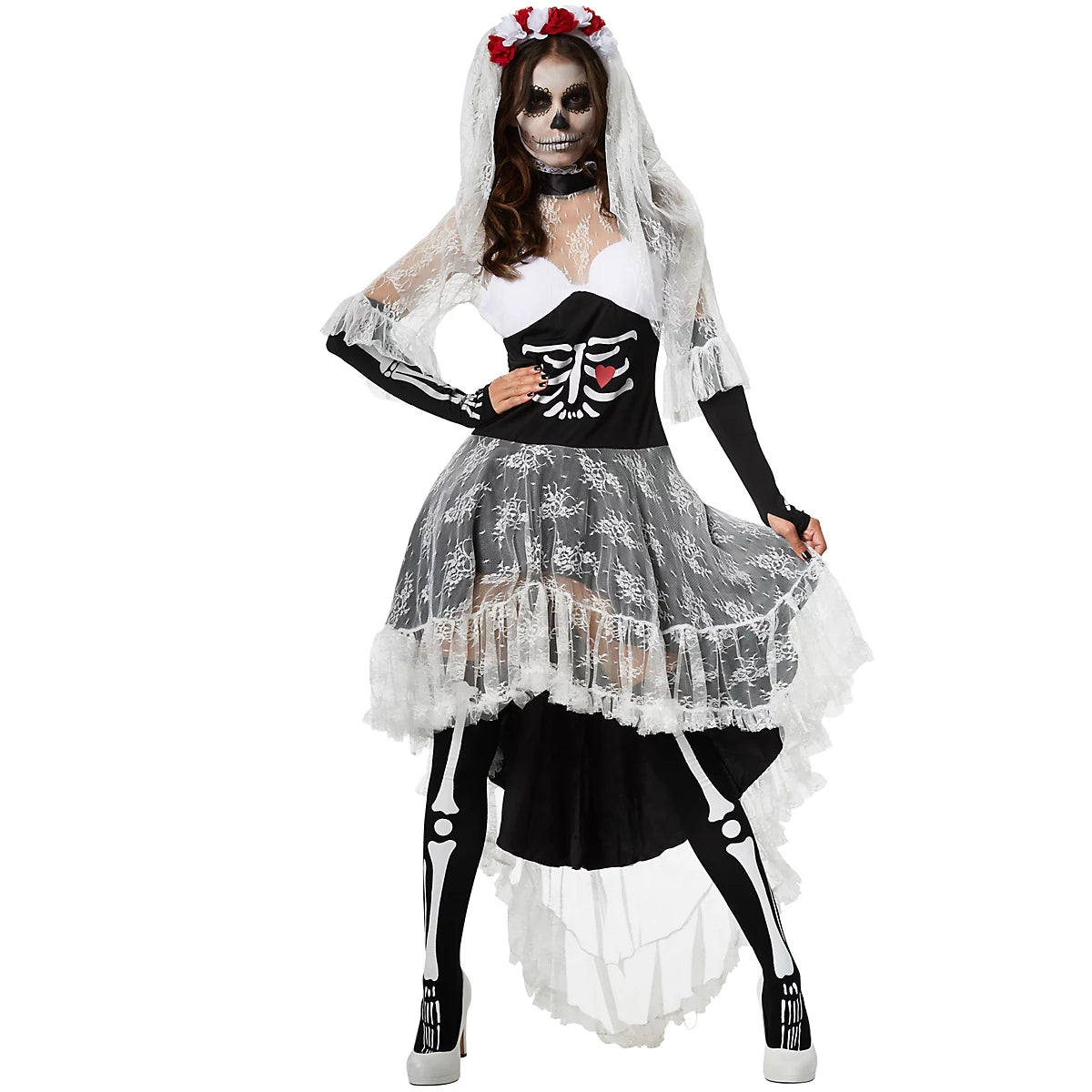 DressForFun Gruseliges Skelett-Brautkostüm für Damen – Mit hochstehendem Spitzenkragen, gepolsterten Cups und Schleier – Für Halloween und Karneval – Schwarz-weißes Polyester – Größe S