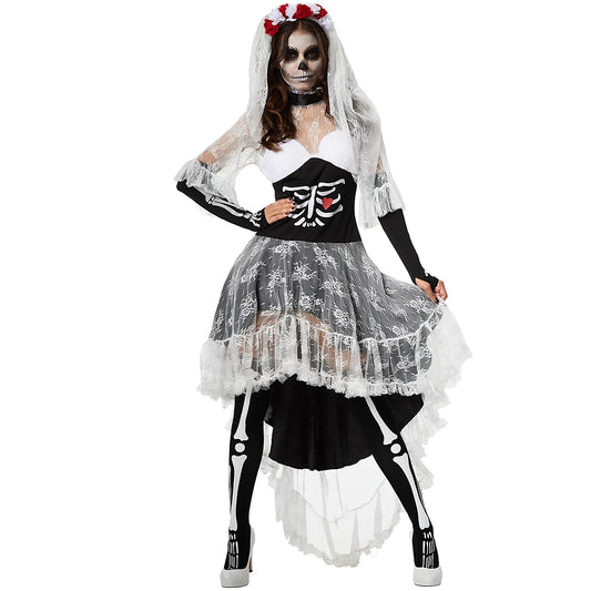 DressForFun Gruseliges Skelett-Brautkostüm für Damen – Mit hochstehendem Spitzenkragen, gepolsterten Cups und Schleier – Für Halloween und Karneval – Schwarz-weißes Polyester – Größe S