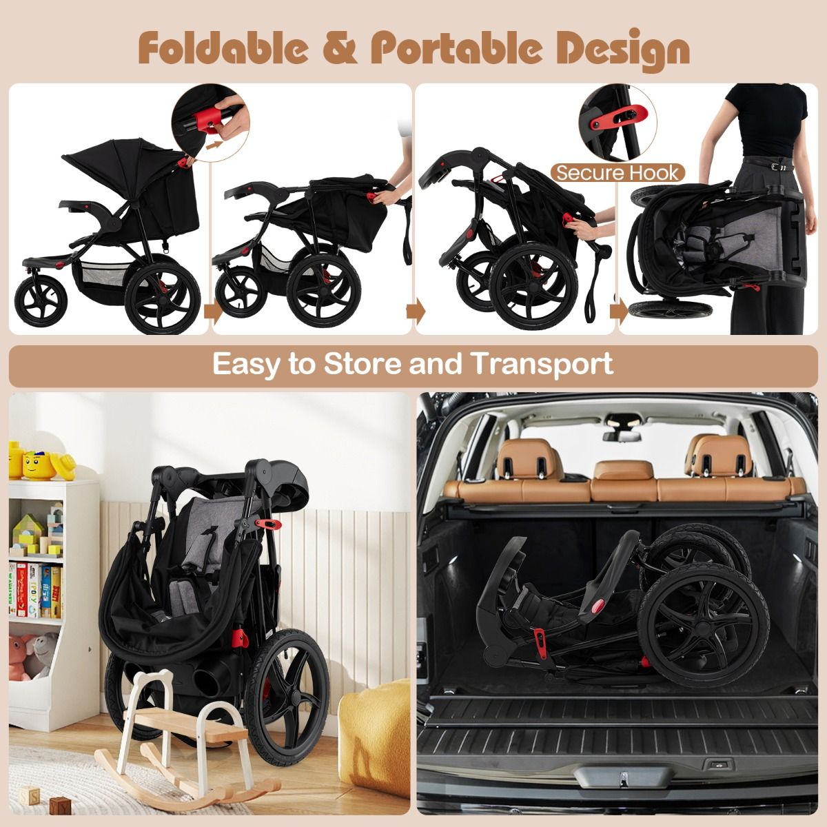 Coast Jogging-Kinderwagen – Zusammenklappbarer Kinderwagen – Verstellbares Sonnendach – Neigbarer Sitz – Schwarz