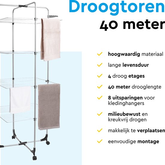 BRASQ Wäscheturm 4 Lagen - Trocknungslänge 40 Meter - Wäscheständer mit Rädern und Halterungen - Wäscheständer - Wäscheturm 68x68x169 cm - Weiß