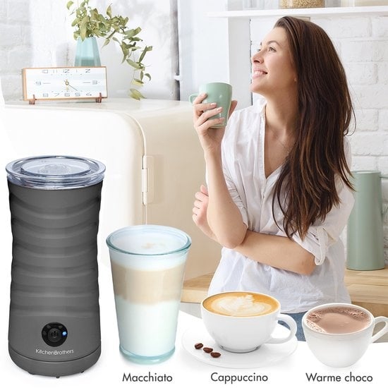 KitchenBrothers Elektrischer Milchaufschäumer - 4-in-1 - 240 ML - Praktischer Milchaufschäumer - Anthrazit