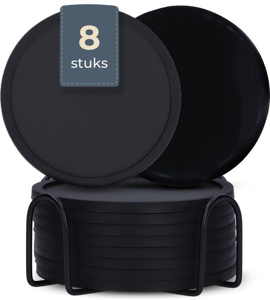 Castagnola Silikon-Untersetzer - Untersetzer für Gläser - Design-Untersetzer mit Halter - Untersetzer-Set - Anti-Rutsch - 8er-Set - Schwarz