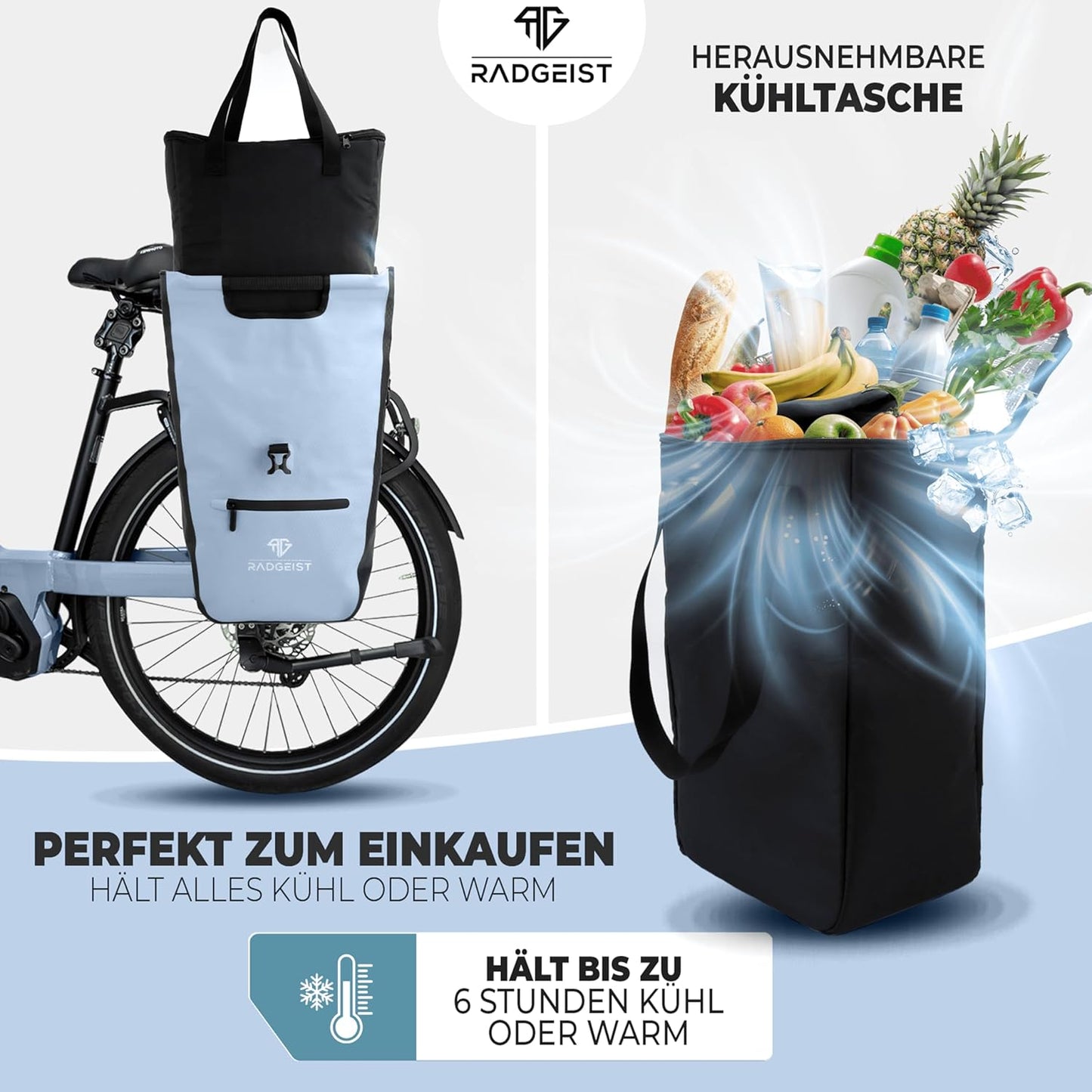 RADGEIST Fahrradtasche für Gepäckträger I Fahrradtasche Shopper mit herausnehmbarer Kühltasche I Einkaufstasche & Einkaufstasche 22-28 Liter - blau