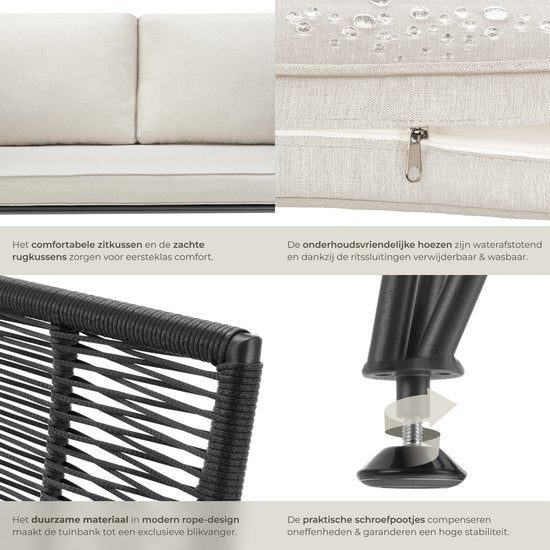 tectake® Wicker Lounge Bank - Kompakte Gartenbank mit dicken Polstern - Ideal für Balkon, Garten oder Terrasse - Stilvolle und bequeme Outdoor-Lounge-Bank - Seil-Design