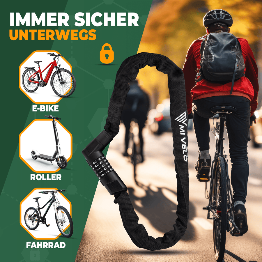 MIVELO - Robustes Fahrrad-Kettenschloss mit Zahlencode – 100 cm lang – Carbonstahl – 20 x 6 cm – Schwarz