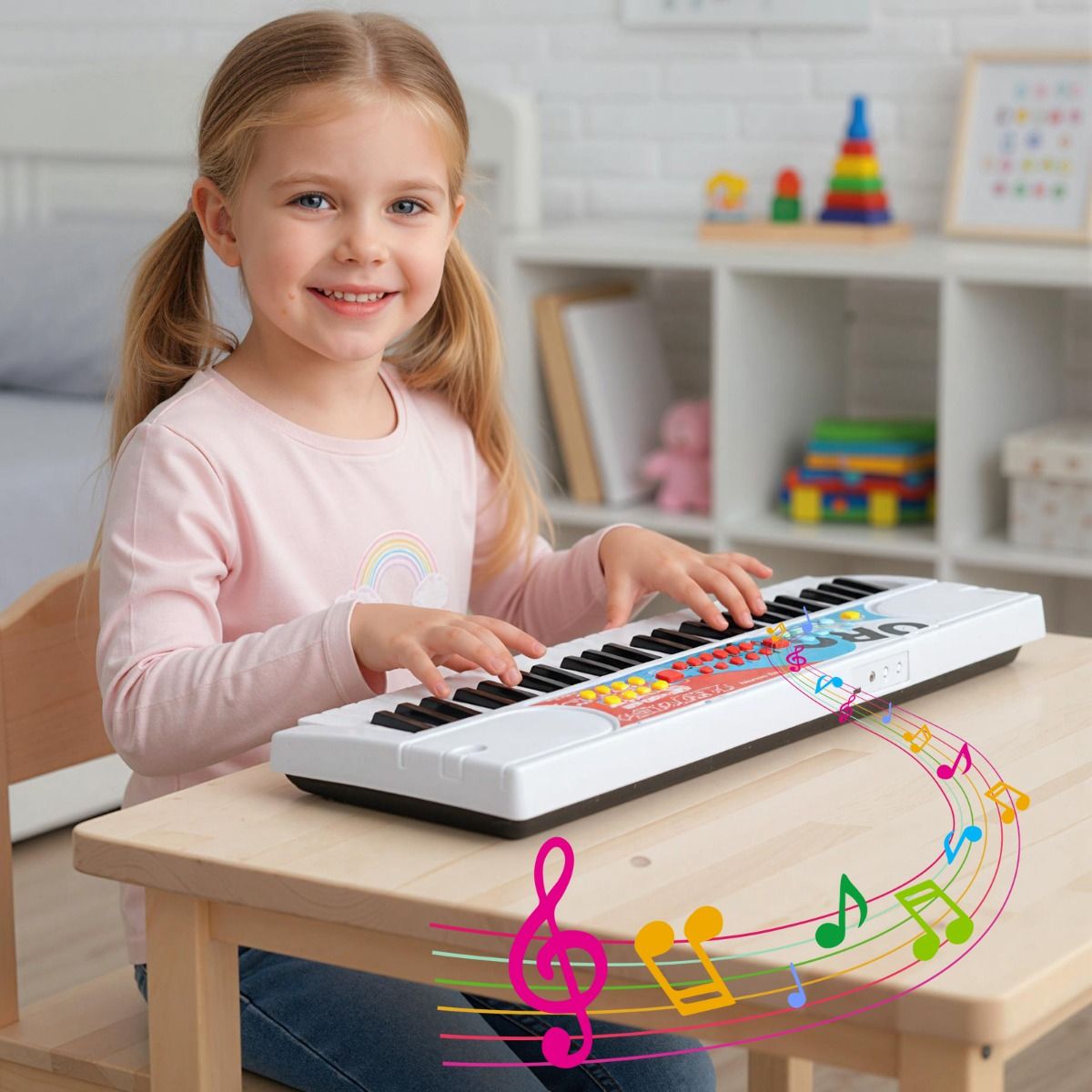 Coast Kinderkeyboard – 49 Tasten – tragbares elektrisches Keyboard – 8 Rhythmen – weiß