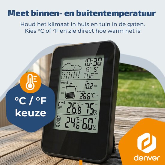 Denver Wetterstation - Innen & Außen - Hygrometer - Regenmesser - Temperatur - Wettervorhersage - Funkgesteuert - Drahtloser Außensensor - WSR560