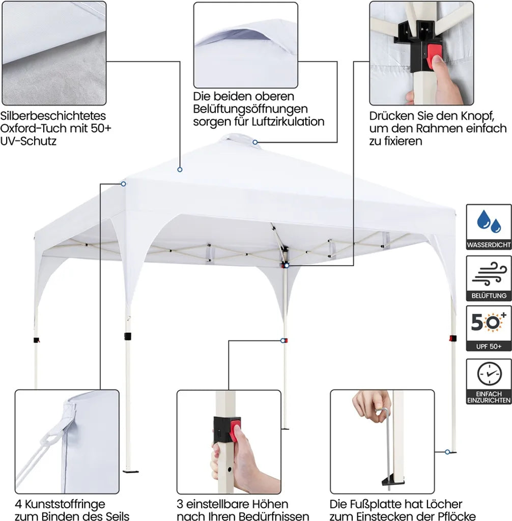 Yaheetech Faltbares Partyzelt 3 x 3 m – Weiß – Verstellbarer Pop-up-Pavillon mit Tragetasche