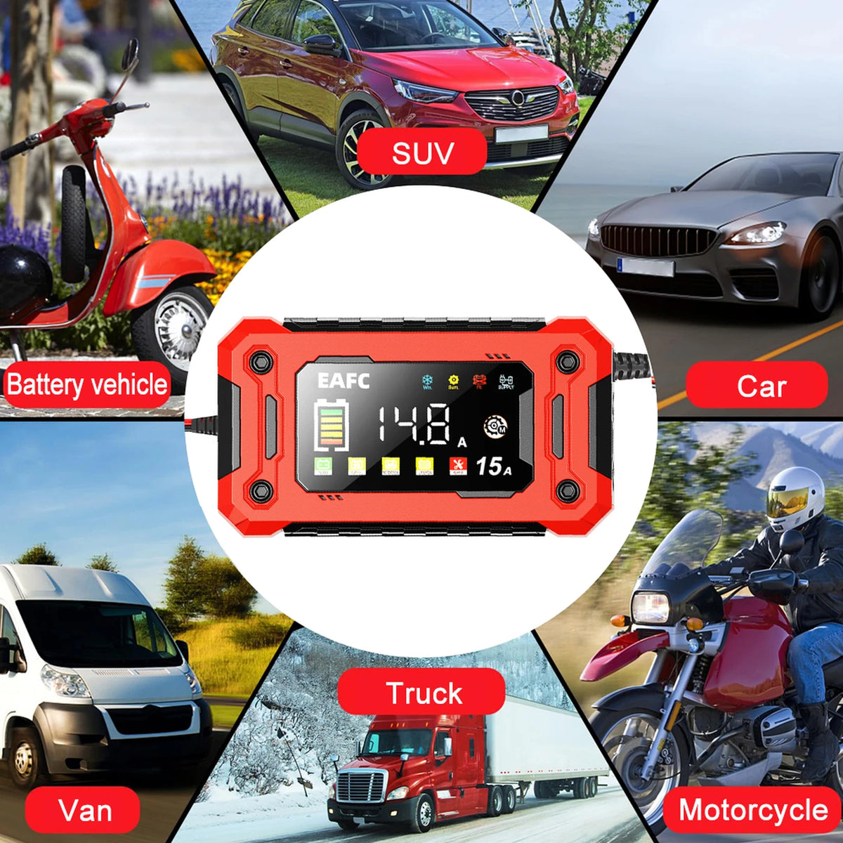 Eafc Auto-Ladegerät 12 V, 15 A – Großes HD-Display – Pulse Repair – Lithium-, AGM-, Blei-Säure- und Gel-Batterien