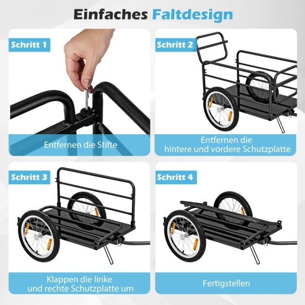 Coast Bike Trailer Schwarz/Blau - Faltbarer Gepäcktransportwagen mit Abdeckung, Kupplung und Reflektoren - 145,5 x 61 x 58 cm