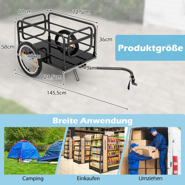 Coast Bike Trailer Schwarz/Blau - Faltbarer Gepäcktransportwagen mit Abdeckung, Kupplung und Reflektoren - 145,5 x 61 x 58 cm