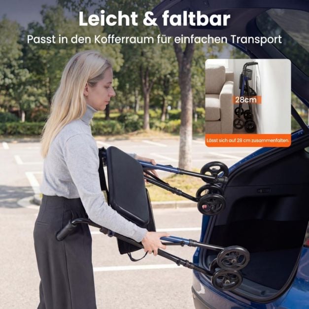 Coast Rollator Blau/Schwarz - Faltbarer Rollator mit Sitz, Tasche und verstellbarer Höhe - 59 x 64 x 75,5-93 cm