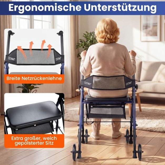 Coast Rollator Blau/Schwarz - Faltbarer Rollator mit Sitz, Tasche und verstellbarer Höhe - 59 x 64 x 75,5-93 cm