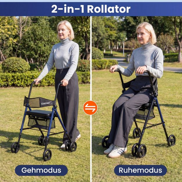 Coast Rollator Blau/Schwarz - Faltbarer Rollator mit Sitz, Tasche und verstellbarer Höhe - 59 x 64 x 75,5-93 cm
