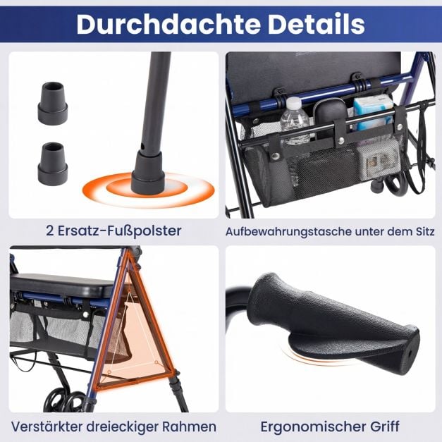 Coast Rollator Blau/Schwarz - Faltbarer Rollator mit Sitz, Tasche und verstellbarer Höhe - 59 x 64 x 75,5-93 cm