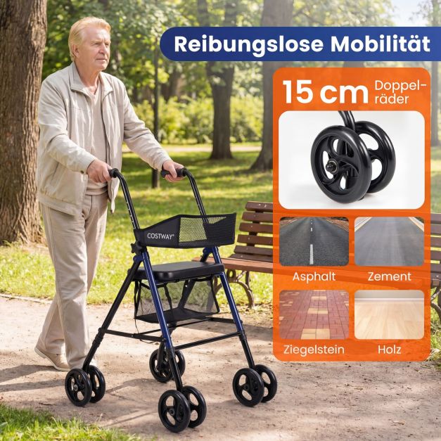 Coast Rollator Blau/Schwarz - Faltbarer Rollator mit Sitz, Tasche und verstellbarer Höhe - 59 x 64 x 75,5-93 cm