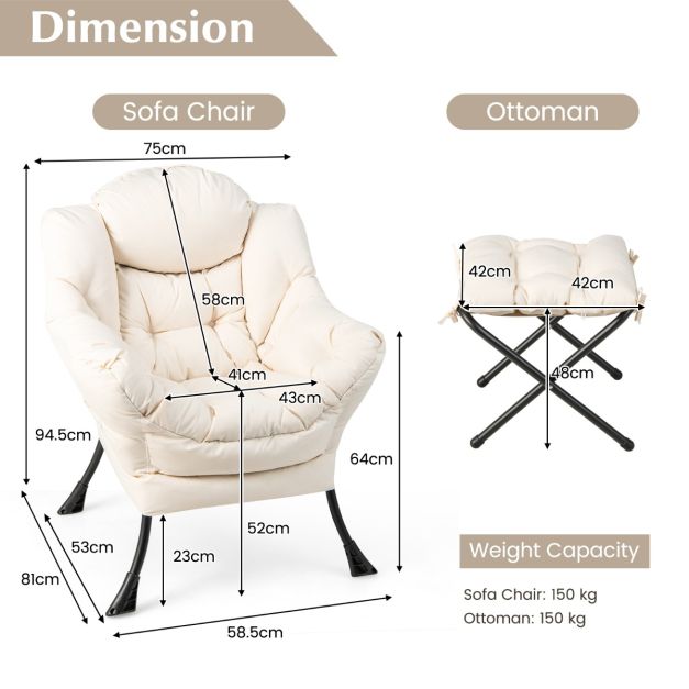 Komfortabler Sessel mit Hocker - inklusive Kissen - Luxuriöser Relaxsessel mit Armlehnen für Wohnzimmer, Schlafzimmer oder Büro - Weiß
