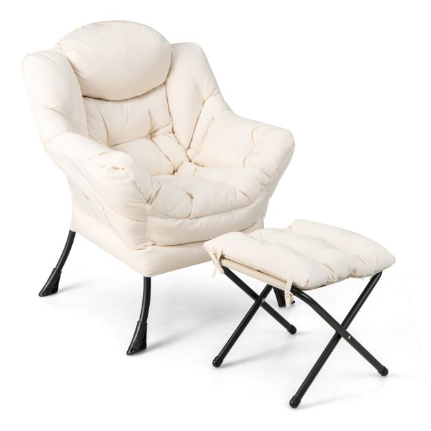 Komfortabler Sessel mit Hocker - inklusive Kissen - Luxuriöser Relaxsessel mit Armlehnen für Wohnzimmer, Schlafzimmer oder Büro - Weiß