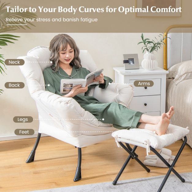 Komfortabler Sessel mit Hocker - inklusive Kissen - Luxuriöser Relaxsessel mit Armlehnen für Wohnzimmer, Schlafzimmer oder Büro - Weiß