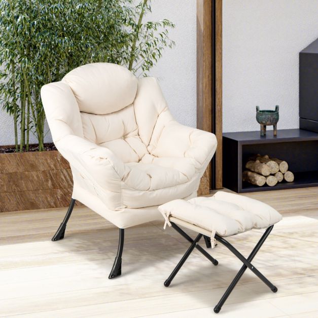 Komfortabler Sessel mit Hocker - inklusive Kissen - Luxuriöser Relaxsessel mit Armlehnen für Wohnzimmer, Schlafzimmer oder Büro - Weiß