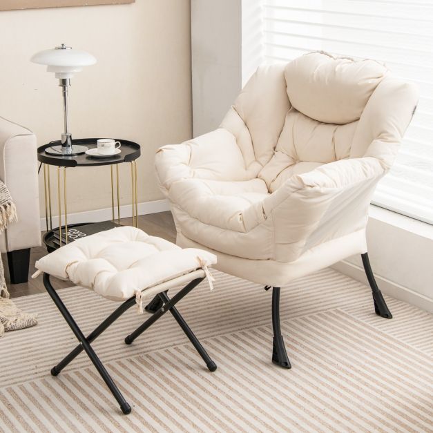 Komfortabler Sessel mit Hocker - inklusive Kissen - Luxuriöser Relaxsessel mit Armlehnen für Wohnzimmer, Schlafzimmer oder Büro - Weiß