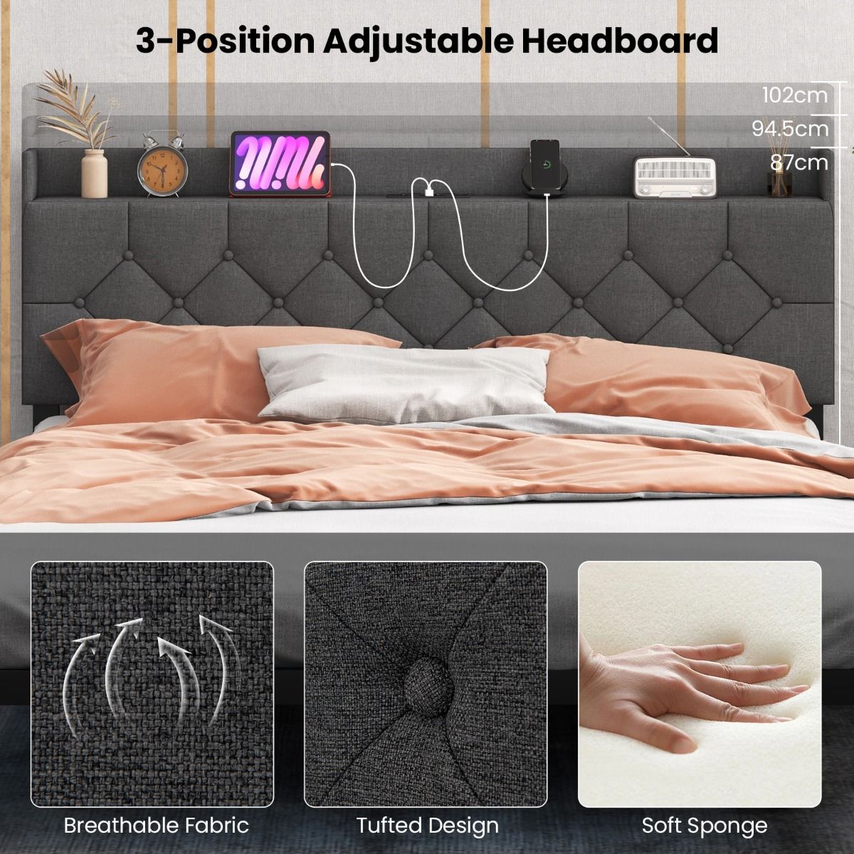 Coast Polster-Hängebett mit LED-Beleuchtung und verstellbarem Kopfteil - 160 x 200 cm - Grau