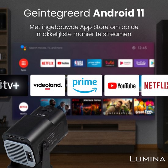 Lumina® Pro Mini Beamer 2025 – Tragbarer 4K-Smart-Projektor mit WLAN 6 und Bluetooth 5.2 – Kompatibel mit iOS und Android – Ideal für das Heimkino – Schwarz