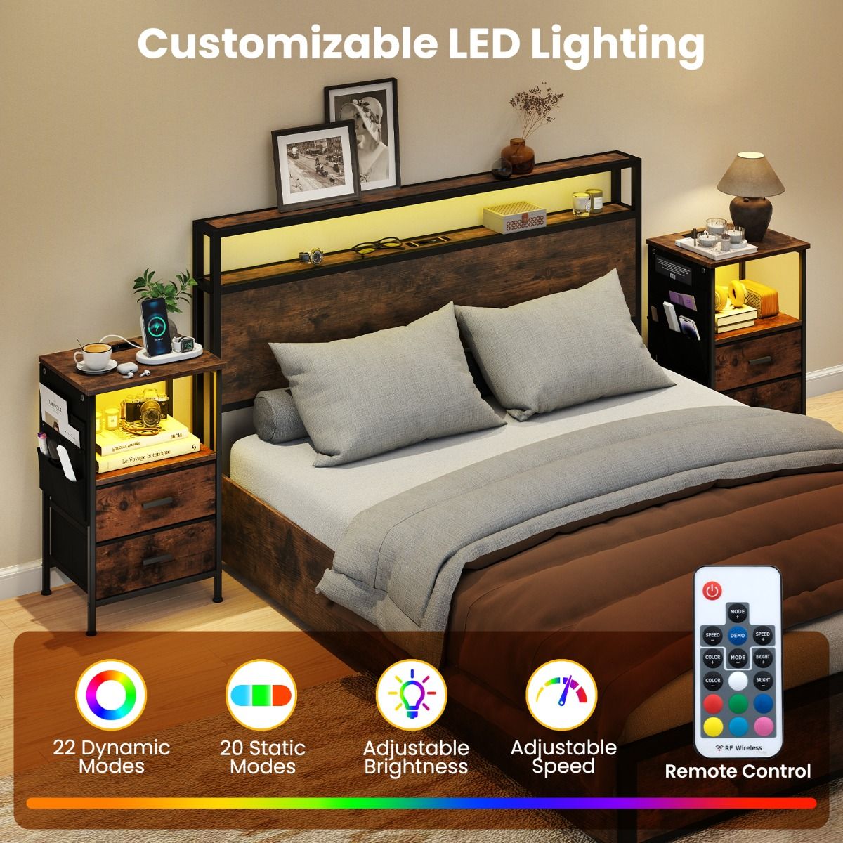 Coast 2-teiliges Beistelltisch-Set – mit Ladestation und LED-Beleuchtung – 2 Stoffschubladen und 6 Seitentaschen – rustikales Braun