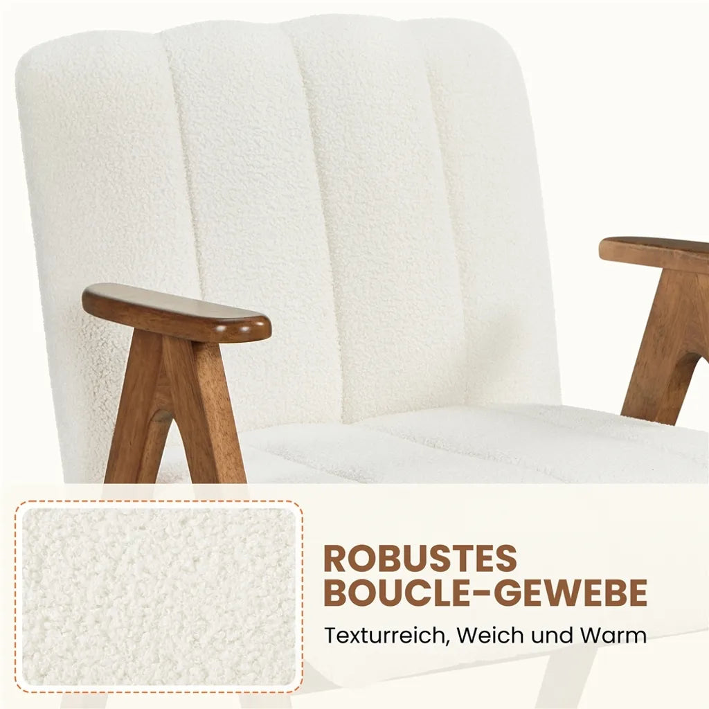Yaheetech Sessel Weiß - Bouclé Lounge Chair mit Armlehnen und Holzbeinen - 60,5 x 68,5 x 73 cm