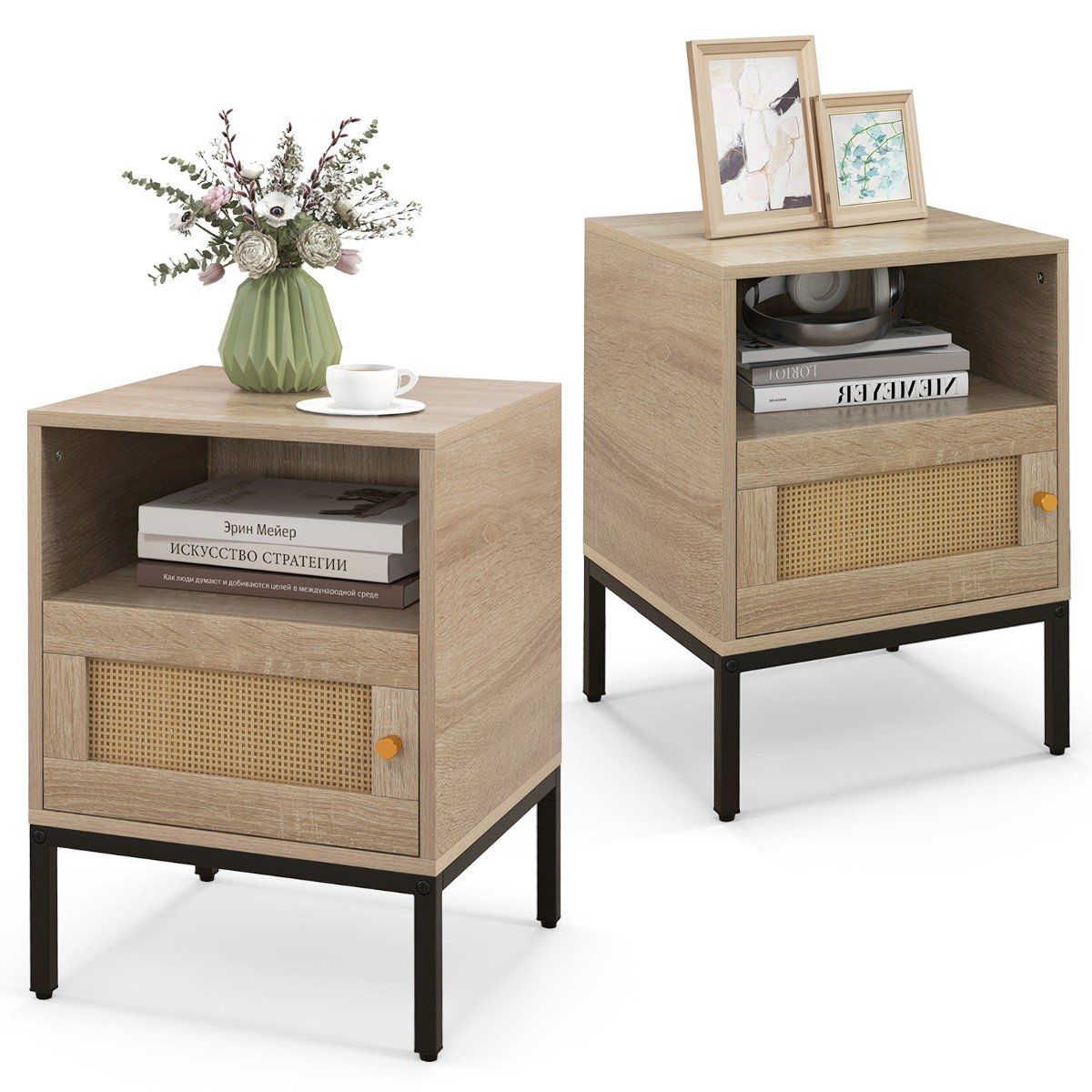 Coast 2-teiliges Set aus Rattan-Nachttischen – offenes Regal und Schrank – Naturholz – 40 x 40 x 57 cm