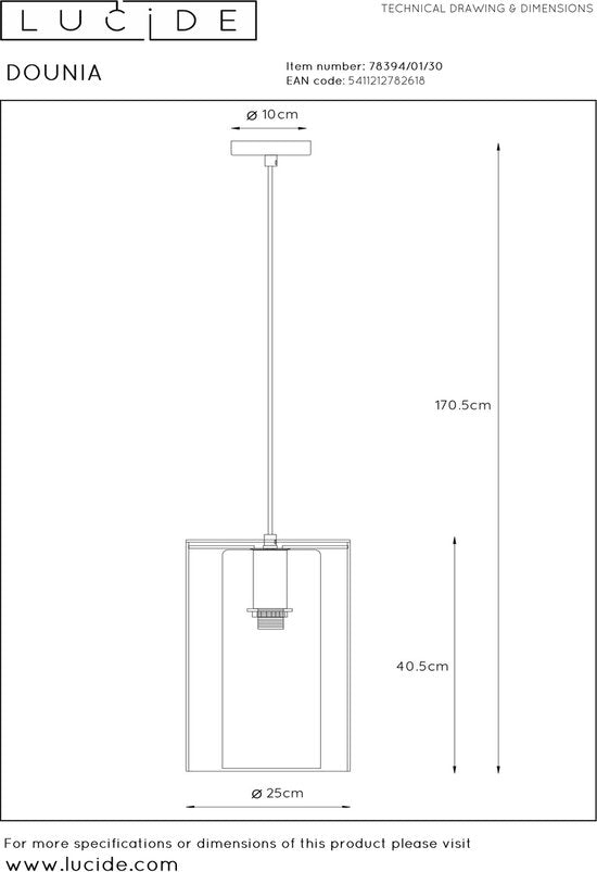 Lucide DOUNIA Hängeleuchte – Ø 25 cm – E27 – Schwarz